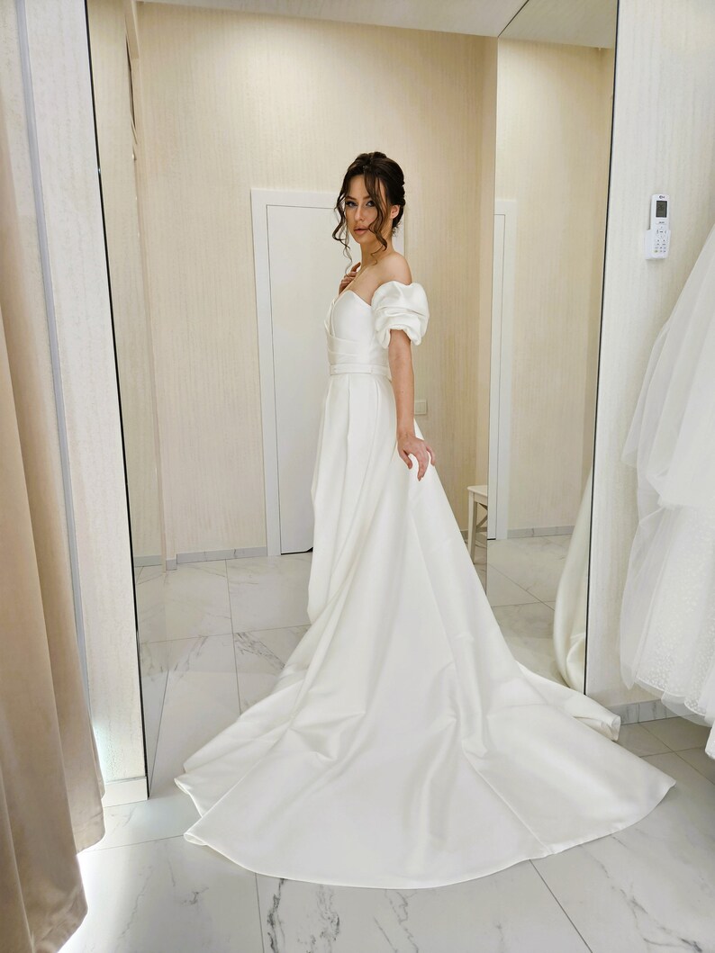 Short Wedding Dress with Detachable Long Train, Draped Corset Bridal Dress, Mini Wedding Dress, Minimalist Wedding Dress Removable Sleeves image 10