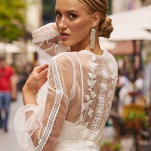 Charming Romantic Wedding Dress, Tulle Lace Cape & Long Sleeves, Rustic Ivory Wedding Dress, Satin Open Back Dress, Minimalist Wedding Gown