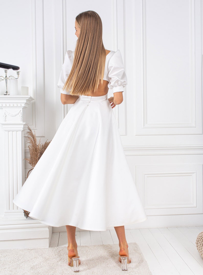 Minimalist Short Wedding Dress Reception Bridal Dress Tea Length Reception Dress Open Back Wedding Dress Simple Elope Bridal Dress image 8