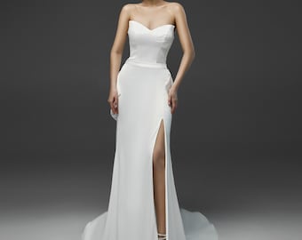 Elegant Fitted Wedding Dress, Custom Mermaid Wedding Dress, Backless Bridal Dress, Wedding Dress with Slit, Wedding Dress with Dainty Bow