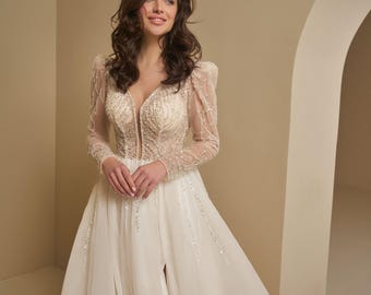 Statement Long Sleeve Wedding Dress, A-Line Bridal Gown with Beaded Lace Bodice and Train, Romantic V Neck Bridal Dress, Ivory Wedding Dress