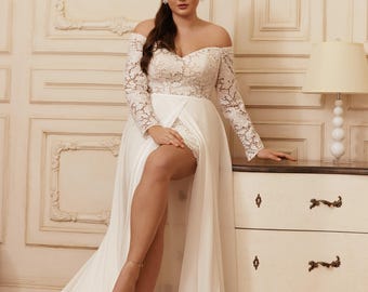 Plus Size Ivory Lace Wedding Dress: Short Off-shoulder Bridal Gown - Etsy