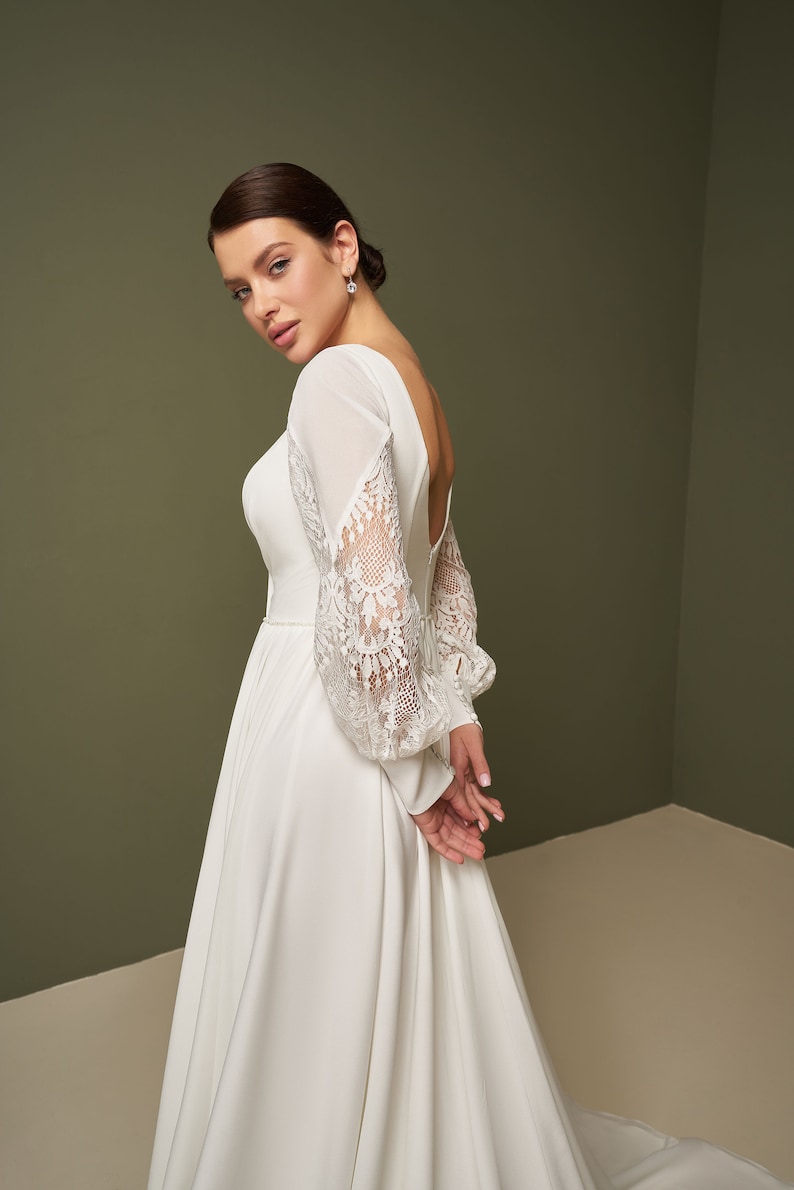 Simple Chiffon Wedding Dress Boho Bridal Dress with Lace Minimalist Elopement Dress with Long Sleeve Beach Bridal Gown Custom Size image 3