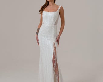 Vestido de noiva sereia com fenda alta, vestido de noiva longo brilhante com cauda, vestidos de noiva com costas abertas, vestido de noiva ajustado, vestido de noiva bordado com miçangas