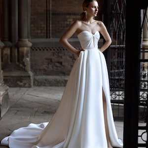 Strapless Bow Corset Wedding Dress, A-Line Satin Bridal Gown, High Slit Mikado Dress with Small Train, Princes Wedding Dress, Custom Size