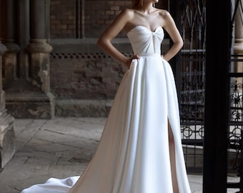 Strapless Bow Corset Wedding Dress, A-Line Satin Bridal Gown, High Slit Mikado Dress with Small Train, Princes Wedding Dress, Custom Size