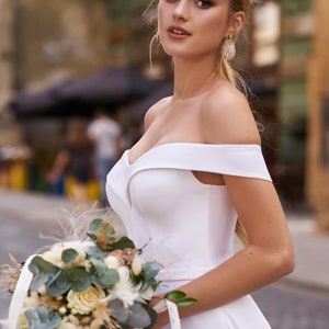 Simple Fitted Satin Wedding Dress, Minimalist Wedding Dress, Open Corset and Open Shoulders, Loose Wide Straps, Bridal Dress with Train image 2