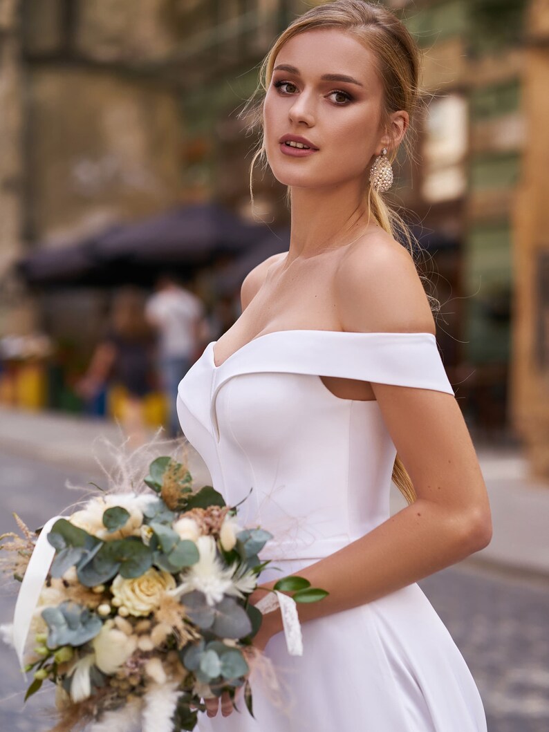 Simple Fitted Satin Wedding Dress, Minimalist Wedding Dress, Open Corset and Open Shoulders, Loose Wide Straps, Bridal Dress with Train image 2