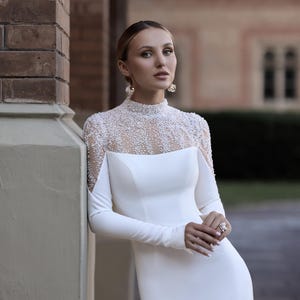 Beaded High Neck Mermaid Wedding Dress, Long Sleeve Bridal Gown, Hand-Embroidered Wedding Dress, Minimalist Bridal Gown, Custom Size Dress