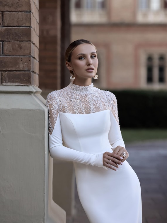 Beaded High Neck Mermaid Wedding Dress, Long Sleeve Bridal Gown, Hand-Embroidered Wedding Dress, Minimalist Bridal Gown, Custom Size Dress