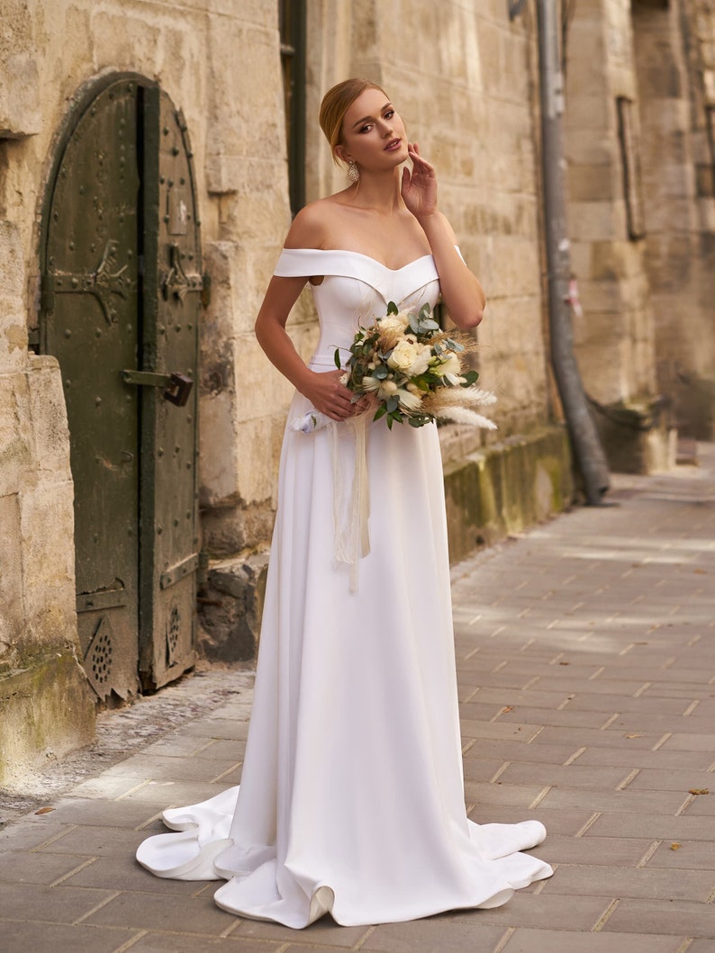 Simple Fitted Satin Wedding Dress, Minimalist Wedding Dress, Open Corset and Open Shoulders, Loose Wide Straps, Bridal Dress with Train image 1