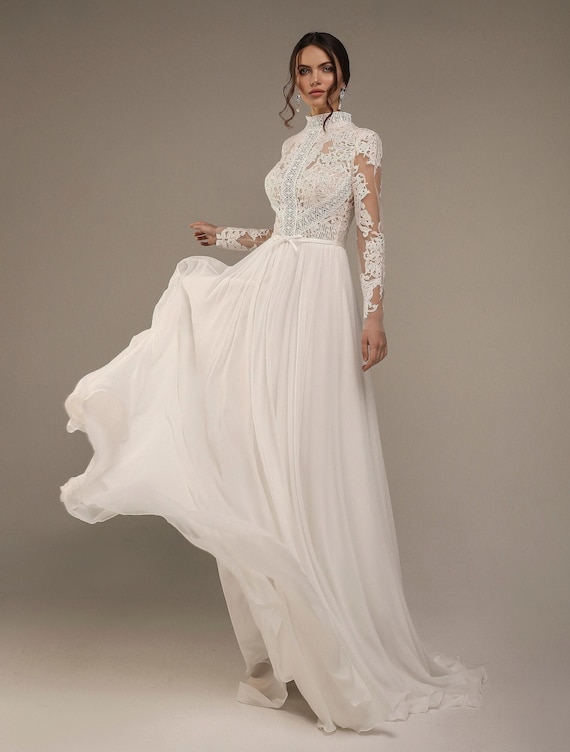 long sleeve lace and chiffon dress Fabulous Ivory Lace Chiffon Long Sleeves Backless V-Neck Wedding Dresses, MW173