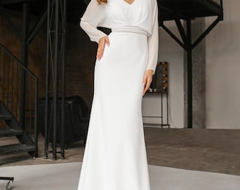 Simple and Elegant Satin Wedding Dress, Mermaid Wedding Dress with Train, Fitted Wedding Dress with Tight Silhouette, Long Bat Sleeves Gown