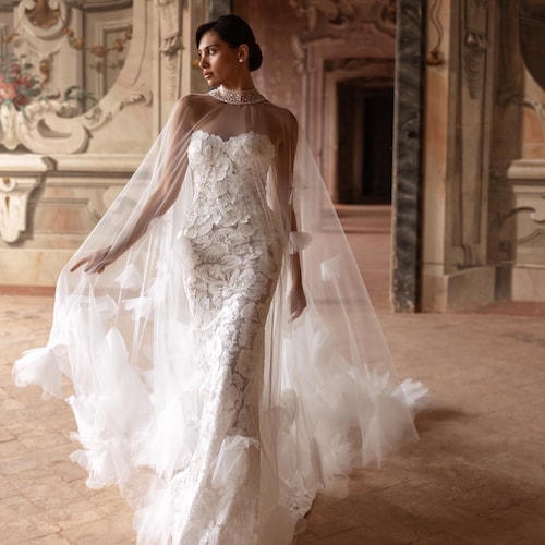 mermaid wedding dress with cape Ivory Long Cape Sleeve Lace Mermaid Trumpet Wedding Dress 36