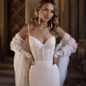 Elegant Mermaid Wedding Dress with Sheer Corset & Detachable Cape, Sparkling Lace Bridal Gown with Train, Ivory Wedding Gown, 2025 Wedding
