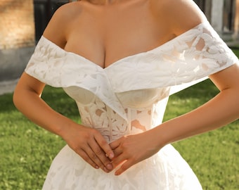 Wedding Dress with Dropped Transparent Corset, Off the Shoulder Fairy A-line Wedding Dress, Beach Wedding Dress, Custom Plus Size Dress