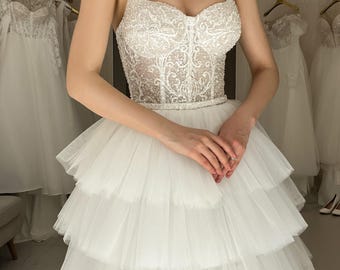 Vestido de novia de tul escalonado, vestido de novia con corsé de encaje brillante, vestido de novia de princesa, vestido de novia romántico