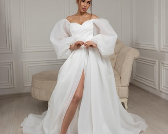 Customized Organza Wedding Dress, A Line Wedding Dress, Puff Sleeves Dress, Long Bridal Dress, Train Bridal Dress, Bridal Dress with Slit