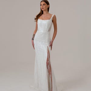 Mermaid Wedding Dress With High Slit, Shiny Maxi Wedding Dress With Train, Open Back Bridal Dresses, Fitted Bridal Gown, Beaded Bridal Dress