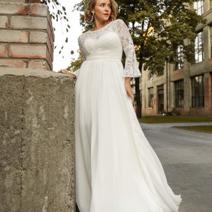Plus Size Boho Wedding Dress, Long Sleeve Bridal Dress Low Back Floor ...