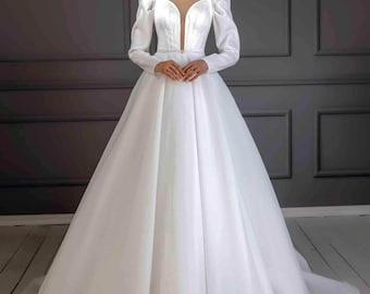 Ivory Wedding Dress with Puff Sleeves, Elegant Long Sleeve A-Line Bridal Ball Dress