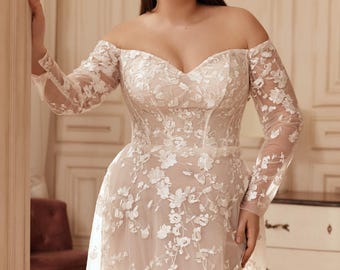 Plus Size Off-Shoulder Lace Wedding Dress, Long Sleeve A-Line Tulle Bridal Gown