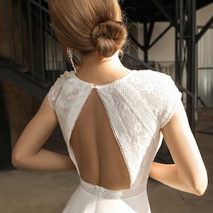 Simple and Elegant Wedding Dress, Lace Chiffon Wedding Dress, Short Sleeves Bridal Gown, A-Line Wedding Dress, Delicate Embroidery Dress