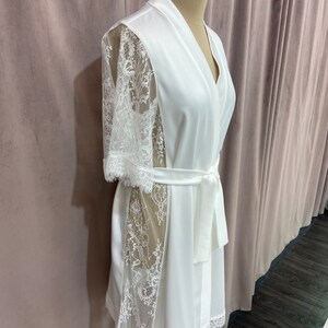 Lace Wedding Robe, Midi Length Bridal Gown, Bridal Gown with Short Lace Sleeves, Bridal Shower Gift, Bridal Peignoir, Robe for Bridal Party image 9