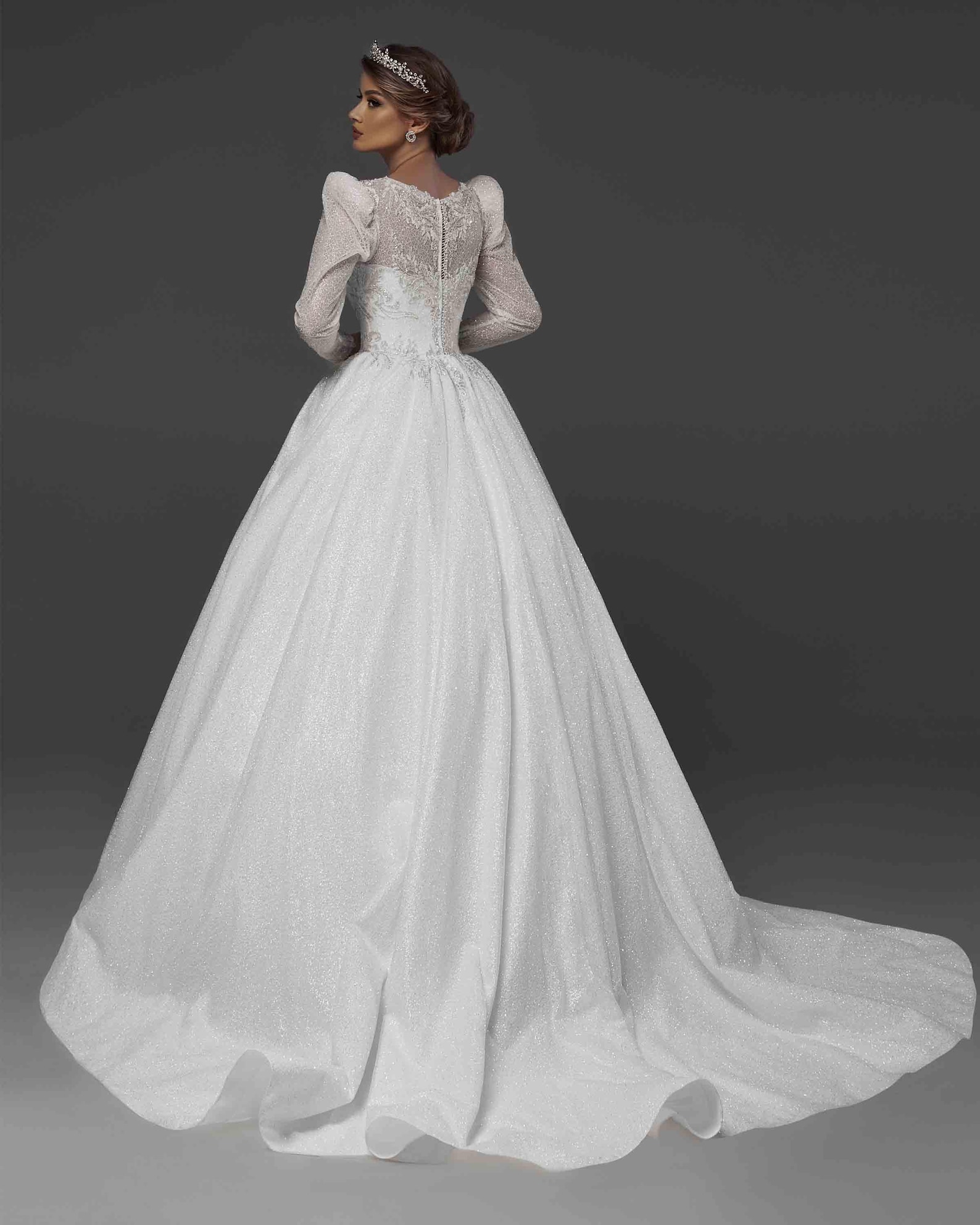 Closed Royal Sparkly Wedding Dress With Long Sleeve, Princess Bridal Closed Royal Sparkly Wedding Dress With Long Sleeve, Princess Bridal