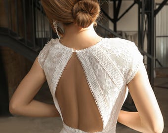Simple and Elegant Wedding Dress, Lace Chiffon Wedding Dress, Short Sleeves Bridal Gown, A-Line Wedding Dress, Delicate Embroidery Dress