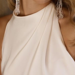 Elegant High-Neck Satin Wedding Dress, Open Back A-Line Bridal Gown, Minimalist Ivory Dress with Small Train, 2025 Bridal Dress, Custom Size image 9