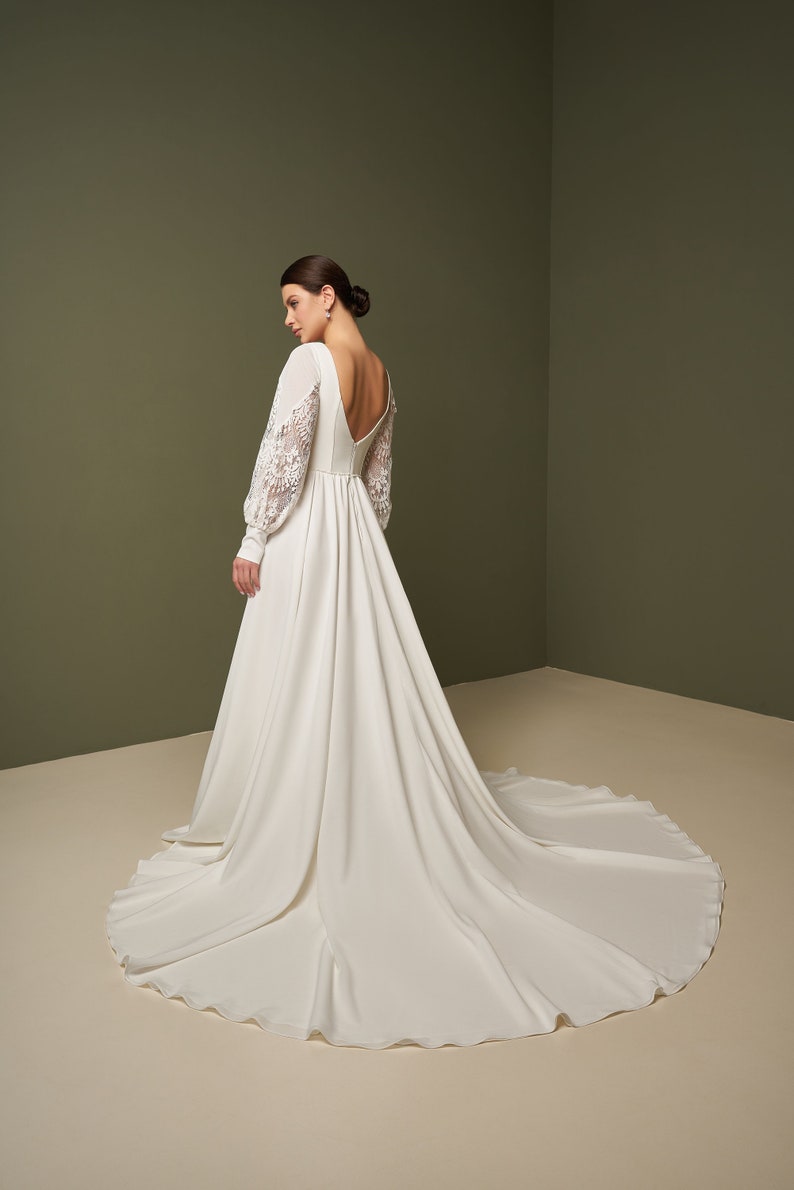 Simple Chiffon Wedding Dress Boho Bridal Dress with Lace Minimalist Elopement Dress with Long Sleeve Beach Bridal Gown Custom Size image 2