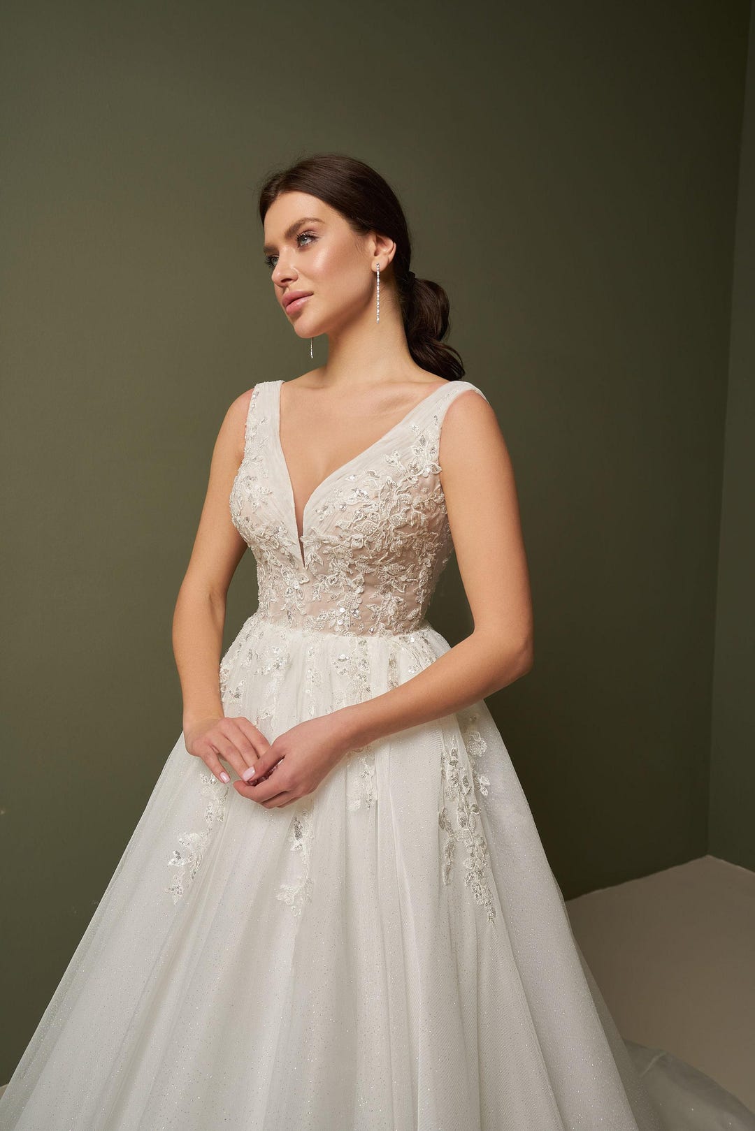 Wedding Dress V Neck Mid Length Dress Fairytale Beaded A-line Bridal Gown,  Ivory Sparkle Tulle