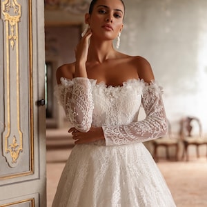 Statement Open Shoulder Wedding Dress With Removable Sleeves, Lace-Up Corset Bridal Dress, Wedding Gown With 3D Flowers, 2026 Wedding Dress
