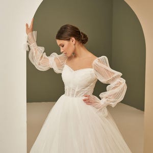 Fairy Wedding Gown, Sparkly Wedding Dress Full Overskirt, Beaded Bridal Dress, Wedding Dress With Puff Long Sleeve, Drape Wedding Dress