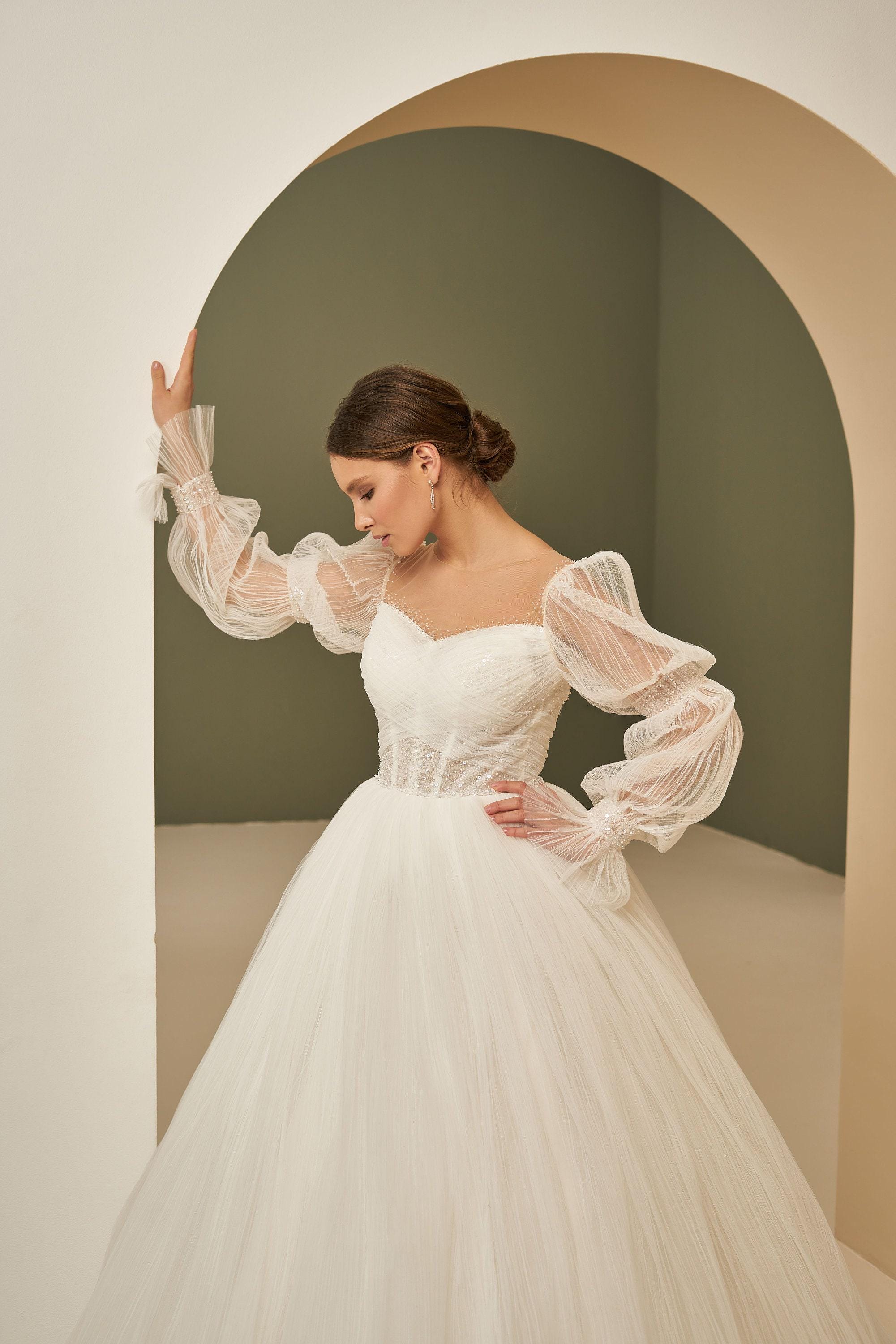 Fairy Wedding Gown, Sparkly Wedding Dress Full Overskirt, Beaded Bridal Dress, Wedding Dress With Puff Long Sleeve, Draped Wedding Dress Fairy Wedding Gown, Sparkly Wedding Dress Full Overskirt, Beaded Bridal Dress, Wedding Dress With Puff Long Sleeve, Draped Wedding Dress
