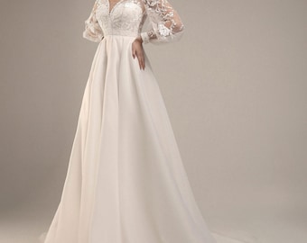 Statement A-line Wedding Dress with Long Lantern Sleeves, Beach Wedding Dress, Wedding Dress with Sheer Lace Top, Elegant Lace Wedding Dress