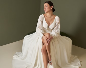 Charming Wedding Dress with Lace Long Sleeve, Simple Chiffon Wedding Dress, Reception Dress, Minimalist Elopement Dress, Beach Bridal Dress