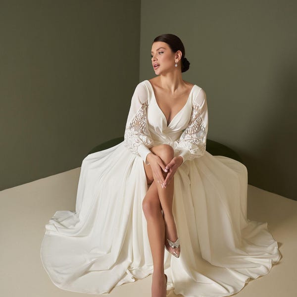 Encantador vestido de novia con mangas largas de encaje, sencillo vestido de novia de gasa, vestido de recepción, vestido minimalista para fugarse a casa, vestido de novia para la playa.