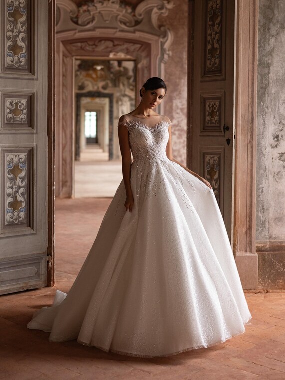 Royal Ivory Wedding Dress with Embroidered Lace Mesh, Statement Dress with Glitter Train, Full Skirt Bridal Dress, Heart Shaped Corset Dress