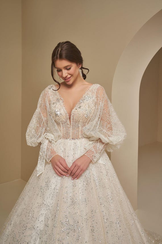 Glitter Full Beaded Pearl Wedding Dress with Puff Sleeve, Fairytale Princess Wedding Dress, Maxi A-line Wedding Gown, V Neck Bridal Dress Glitter Full Beaded Pearl Wedding Dress with Puff Sleeve, Fairytale Princess Wedding Dress, Maxi A-line Wedding Gown, V Neck Bridal Dress