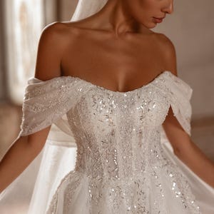 Princess Style Wedding Dress, Hand-Embroidered Off-Shoulder Wedding Dress With Glitter Tulle & Long Train, Puffy Bridal Gown, Custom Size
