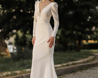 Modest Wedding Dress, Minimalist Mermaid Fitted Wedding Gown, Long Sleeves Bridal Dress