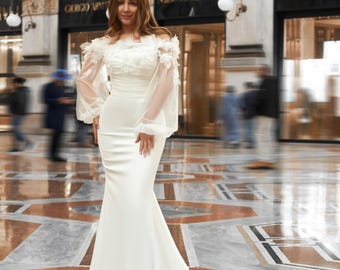Strapless Silhouette Wedding Dress with Train, Detachable Faille Bolero with Boho Sleeves, Maxi Mermaid Wedding Gown, Fitted Wedding Dress