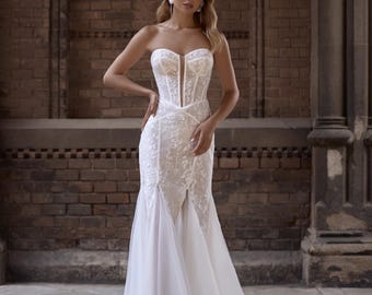Sexy Sheer Corset Wedding Dress, Strapless Lace Mermaid Gown with Tulle Skirt, Romantic Bridal Dress