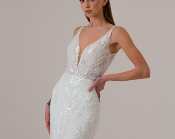 Vestido de noiva sereia luxuoso, vestido de noiva bordado com miçangas, vestido de noiva marfim brilhante, vestido de noiva real ajustado, vestido de noiva sereia sob medida