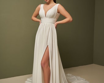 Robe de mariée de style grec, robe de mariée simple bohème, robe de mariée en mousseline de soie, robe de mariée minimaliste, longue robe de mariée avec train, grande taille