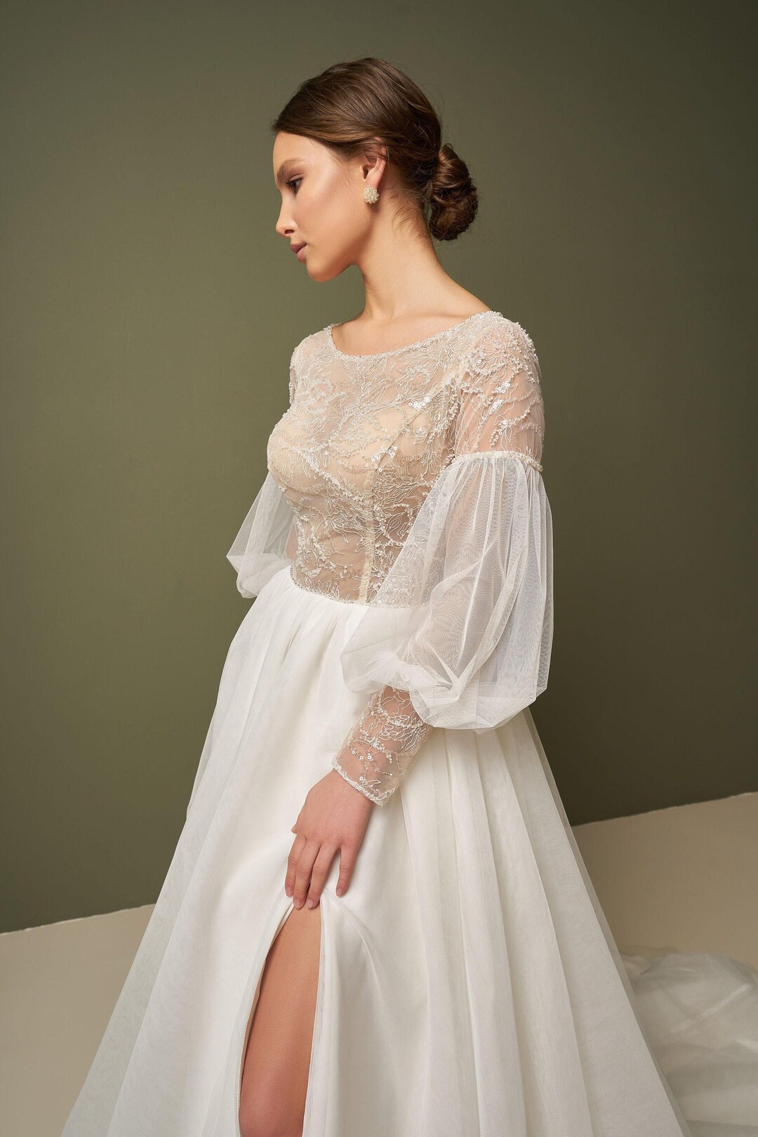 Elegant A-line Wedding Dress With Long Puff Sleeve, Hand Embroidery Wedding  Gown With Beads Sequins, Beaded Bridal Dress, Dress With Train