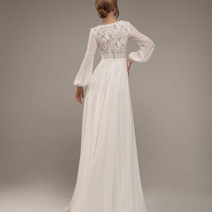 Bohemian Wedding Dress, Bishop Sleeve Bridal Dress, Lace Chiffon Bridal Gown, Train Bridal Dress, Wedding Dress with Lantern Sleeves