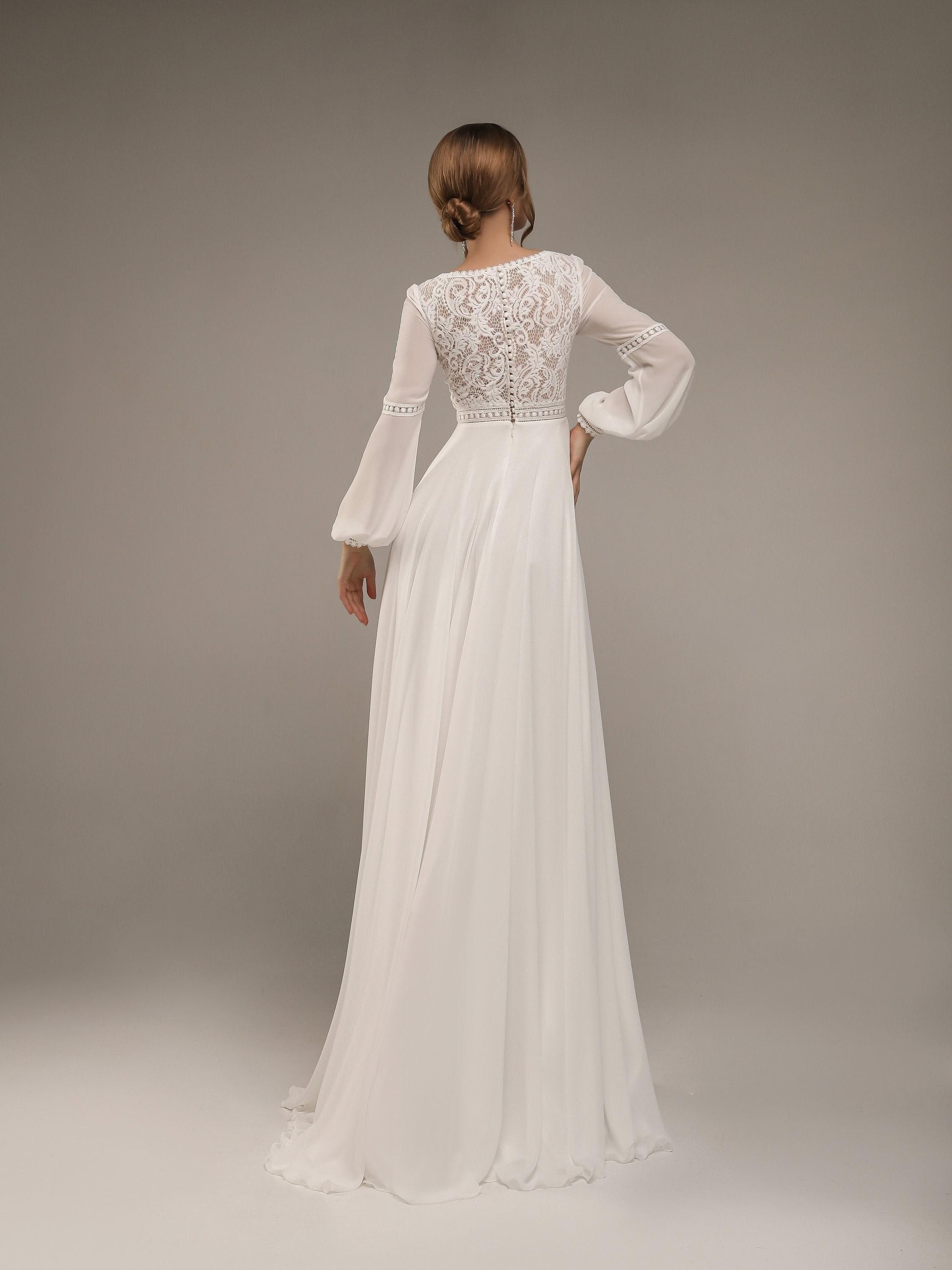 Bohemian Wedding Dress, Bishop Sleeve Bridal Dress, Lace Chiffon Bridal Gown, Train Bridal Dress, Wedding Dress with Lantern Sleeves